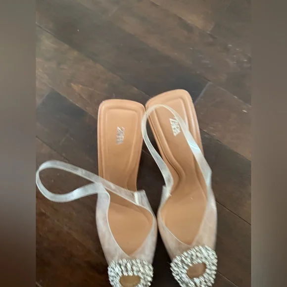 Zara Women's Tan Heeled Shoes clear with Crystal Embellishment sling back - Picture 2 of 6